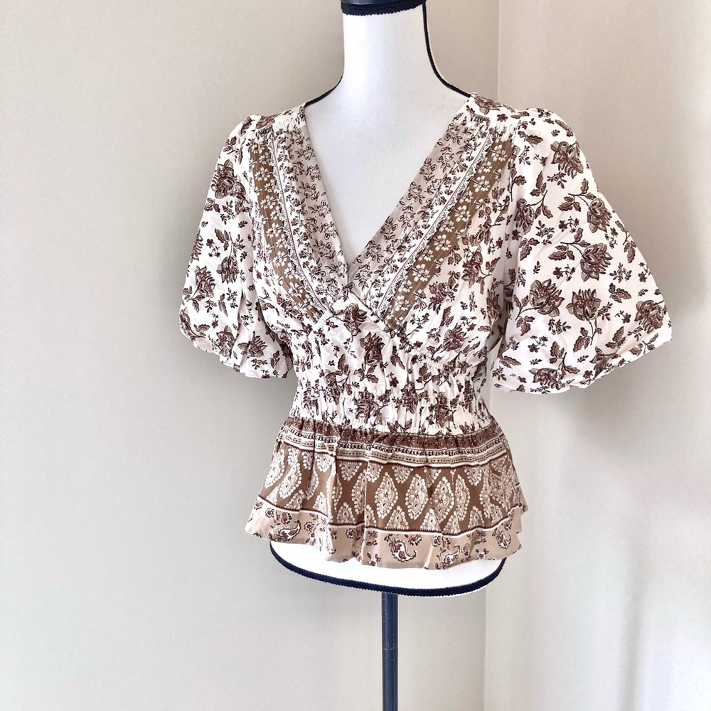 Loft Bohemian Mixed-Pattern Peplum Blouse Size M - Picture 6 of 10